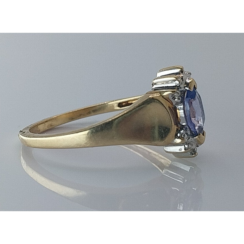 10K Yellow Gold Marquise Blue Sapphire and Diamond Accent, Size 6.25