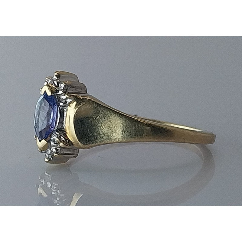 10K Yellow Gold Marquise Blue Sapphire and Diamond Accent, Size 6.25