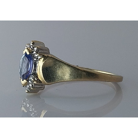 10K Yellow Gold Marquise Blue Sapphire and Diamond Accent, Size 6.25