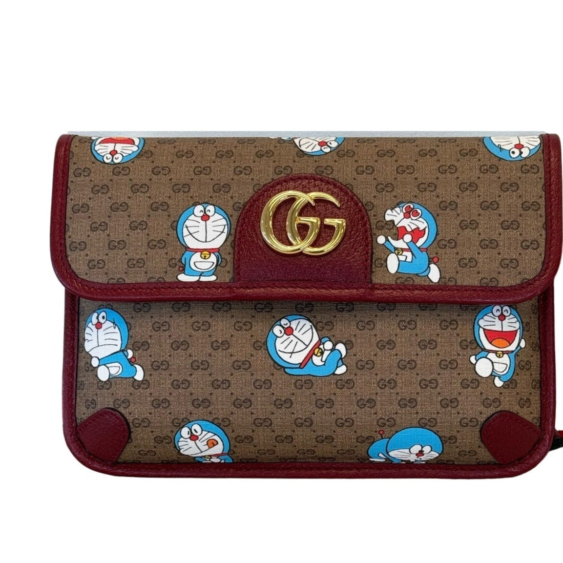 Gucci Doraemon Web Flap Belt Bag Printed Mini GG Coated Canvas Brown, Like New Condition - Pre-Owned