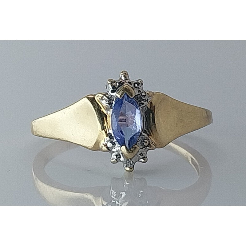 10K Yellow Gold Marquise Blue Sapphire and Diamond Accent, Size 6.25