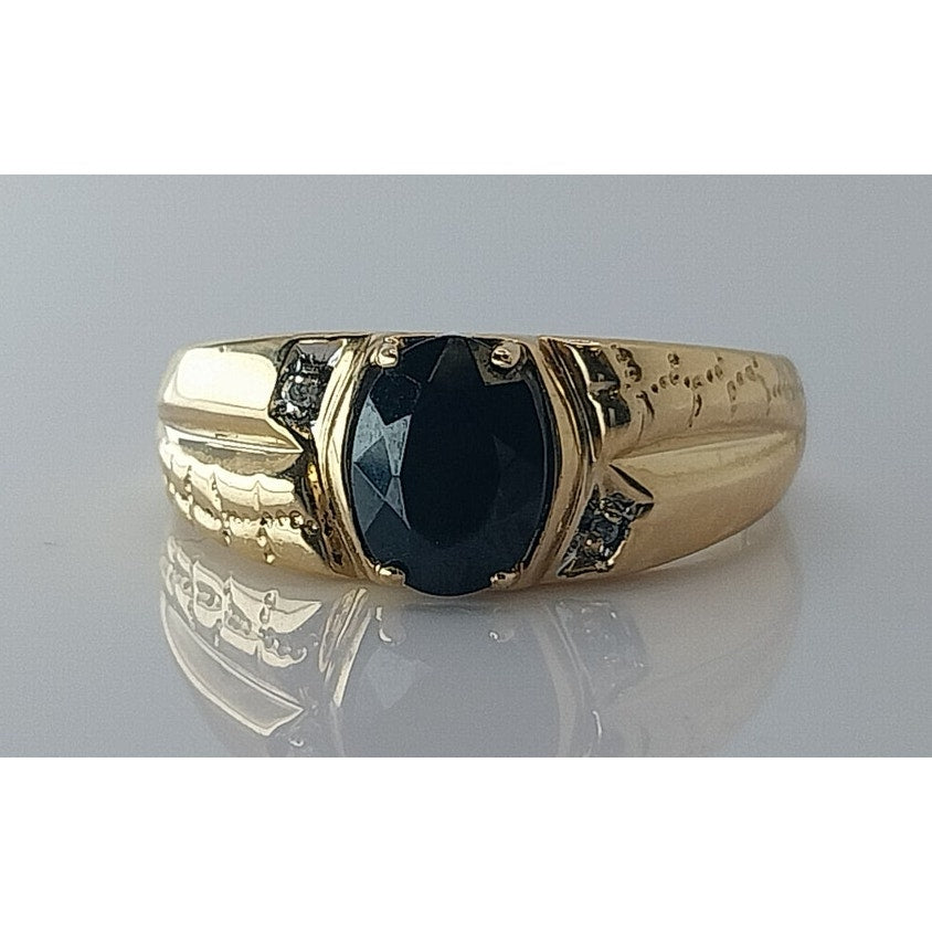 10K Yellow Gold Men's Ring with Black Onyx and Diamond Accents, Size 10