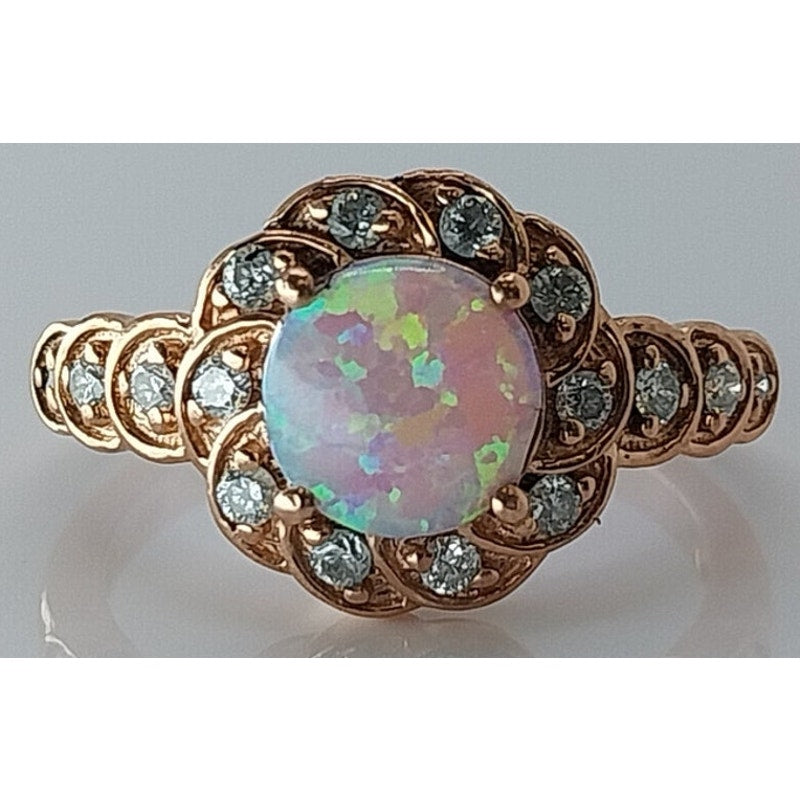 10K Rose Gold Opal and Diamond Floral Halo Ring, Size 6.5