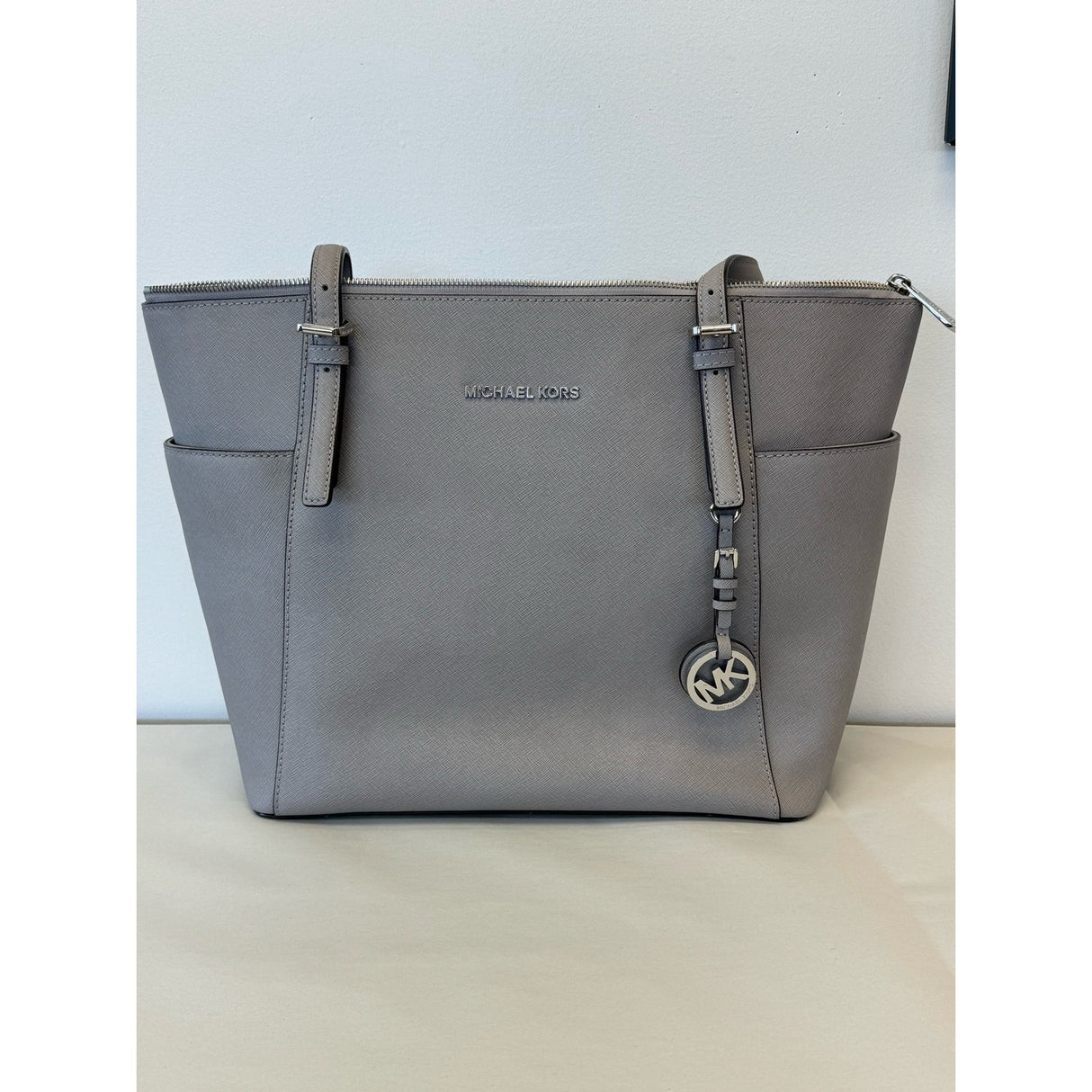 Michael Kors Gently Used Blue/Grey Saffiano Leather Bag With Silver Hardware