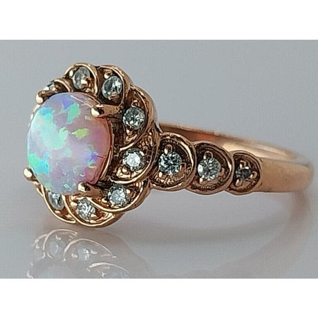 10K Rose Gold Opal and Diamond Floral Halo Ring, Size 6.5