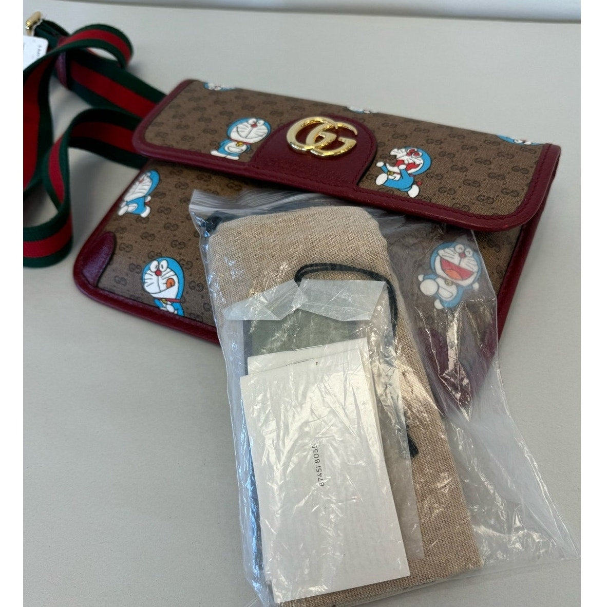 Gucci Doraemon Web Flap Belt Bag Printed Mini GG Coated Canvas Brown, Like New Condition - Pre-Owned