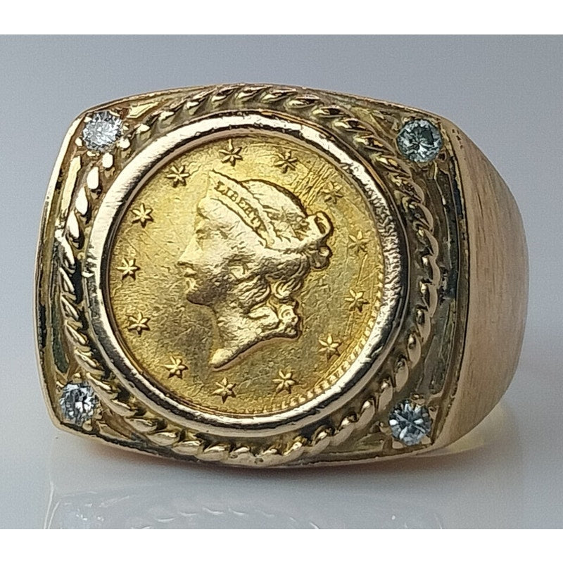 14K Yellow Gold $1 Liberty Head Coin Ring with Diamond Accents - Size 10.5