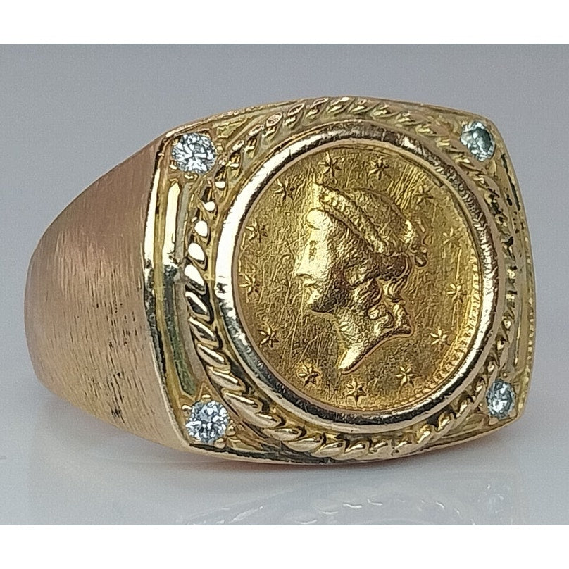 14K Yellow Gold $1 Liberty Head Coin Ring with Diamond Accents - Size 10.5